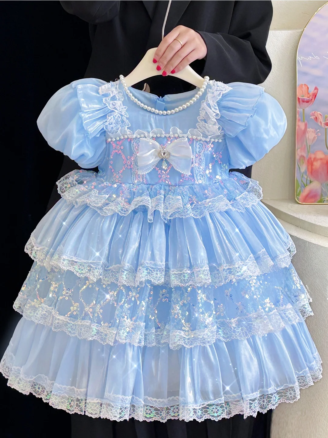 Vestido de Verão para Meninas, Novo Estilo, Bordado Rico, Saia Princesa Elsa Lolita, Vestido Infantil com Saia em Camadas, Ma...