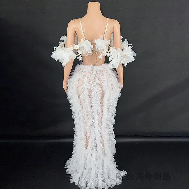 2025 White Floor-Length Evening Dress Off Shoulder Birthday Party Dresses Gogo Singer Host Stage Performance Costume Female yj31