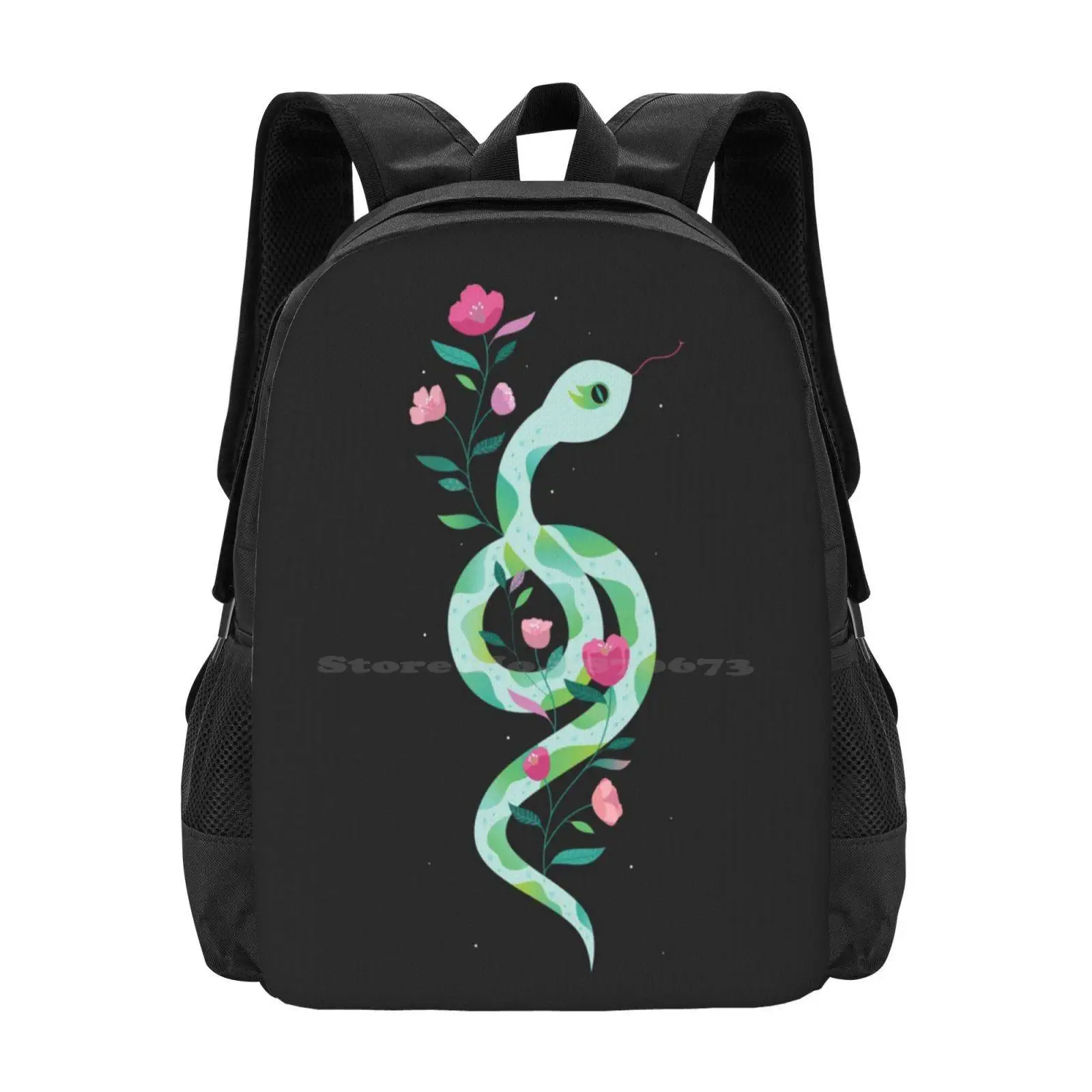 

Empress Teen College Student Backpack Pattern Design Bags Snake Serpent Animal Floral Flowers Botanical Green Pink Black