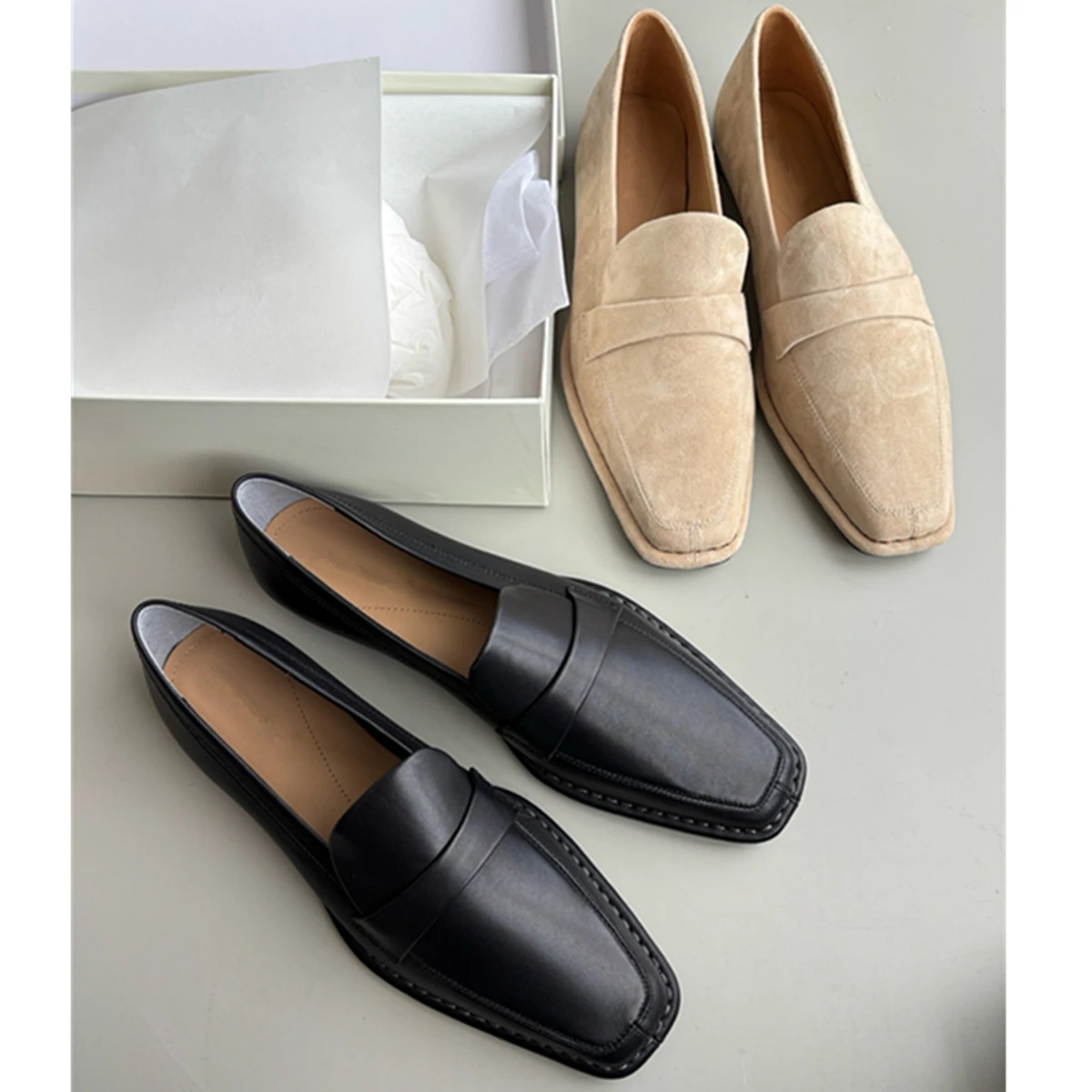 

Dave&Di Minimalist Women's Shoes, Retro Square Toe Genuine Leather Loafers Casual Commuting Flat Shoes Women