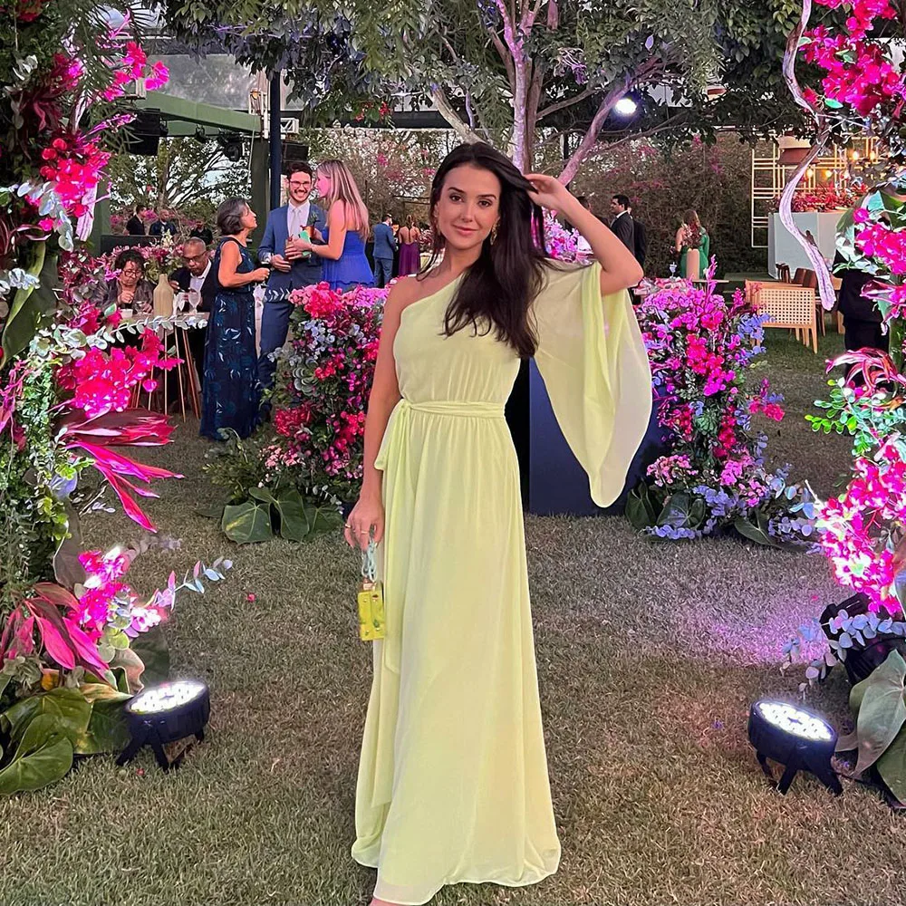 

Msikoods Customized One Shoulder Chiffon Prom Dress Light Yellow Bidesmaid Dress Formal Occasion Dress Wedding Party Dress