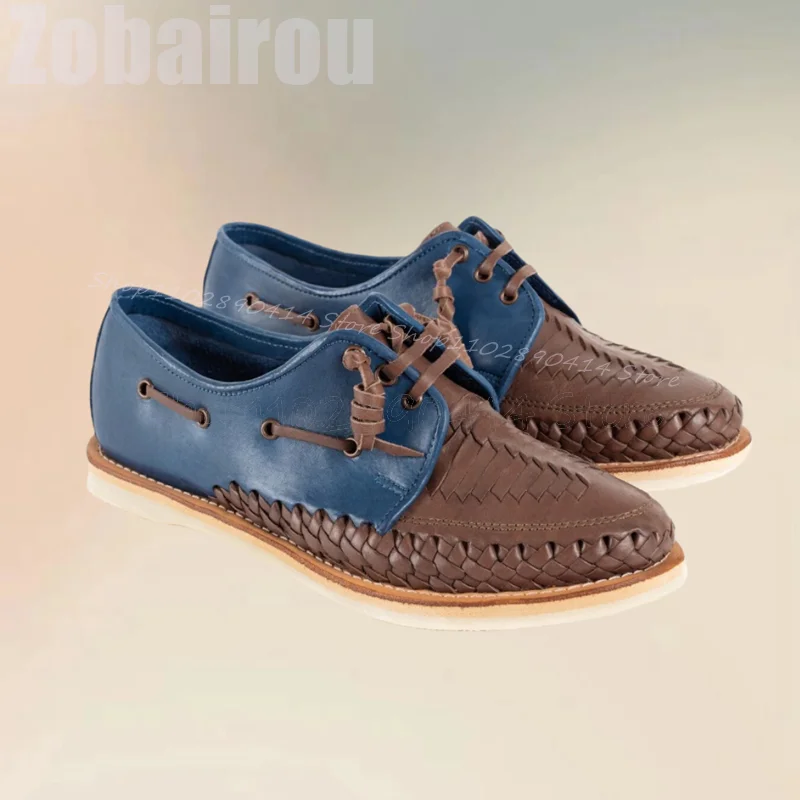 

Blue Brown Knitted Design Strappy Pointed Toe Loafers Fashion Lace Up Men Shoes Luxury Handmade Party Banquet Men Casual Shoes