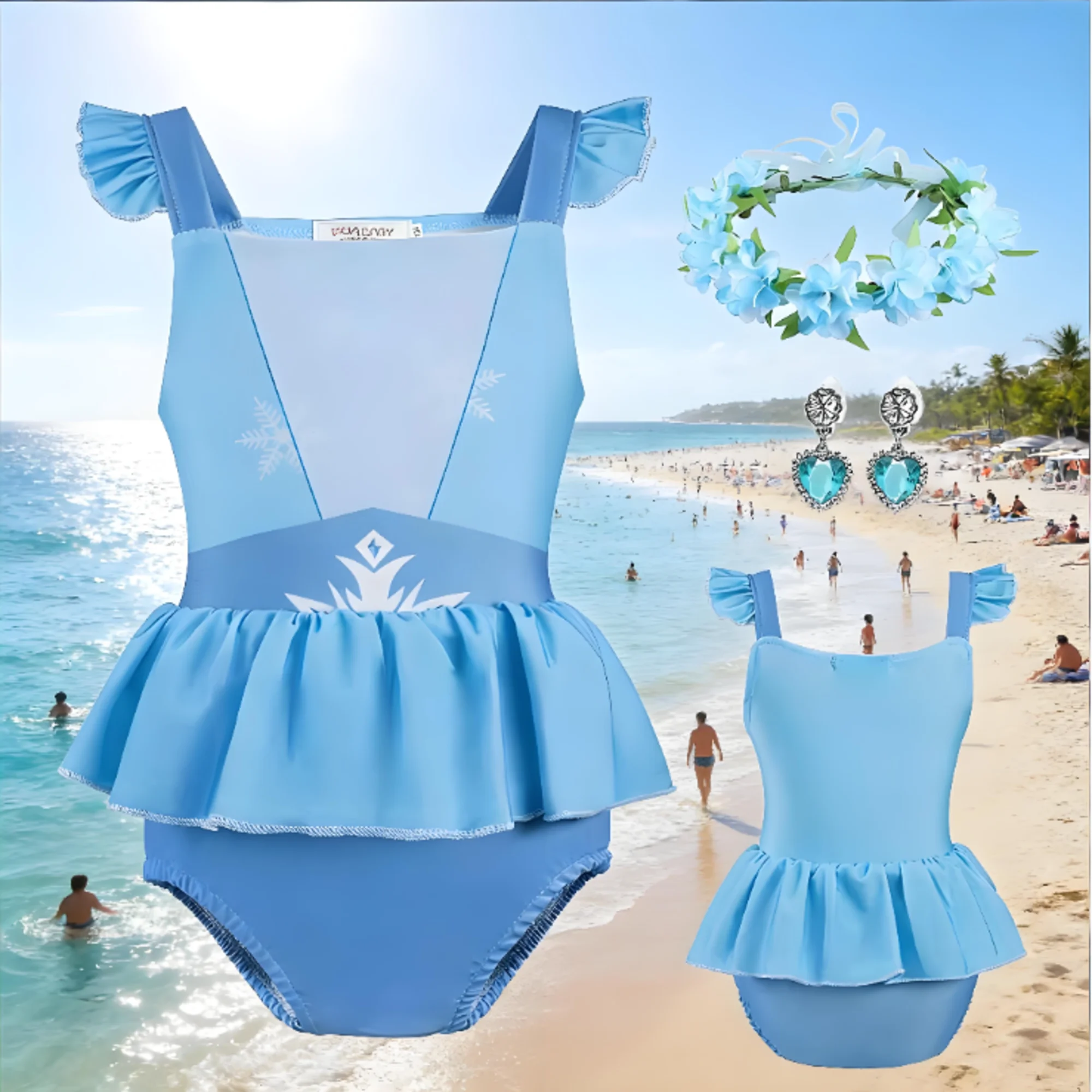 

2025 Elsa Princess Swimsuit for Baby Girls 2PCS Girls Swimsuit Flying Sleeve Children Bikini Beachwear Clothes Pool Bodysuit Set