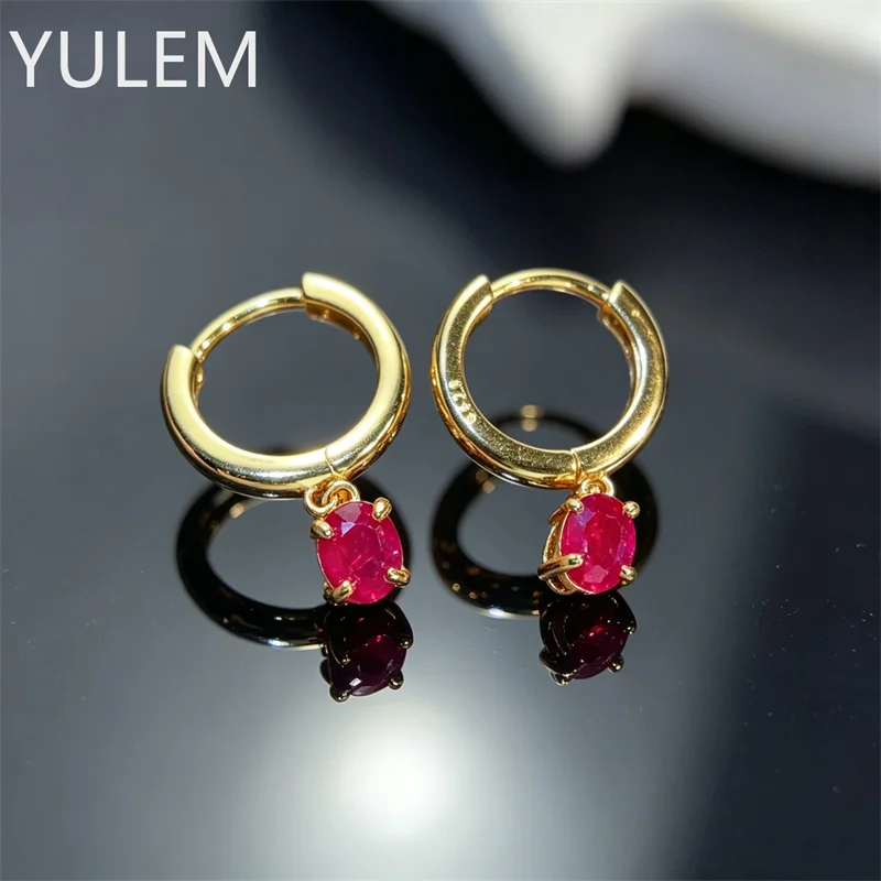 YULEM Fashion Ruby Stud Earrings 5mm*4mm Natural Ruby Earrings with Certificate Sterling Silver Gemstone Jewelry Gift for Girl
