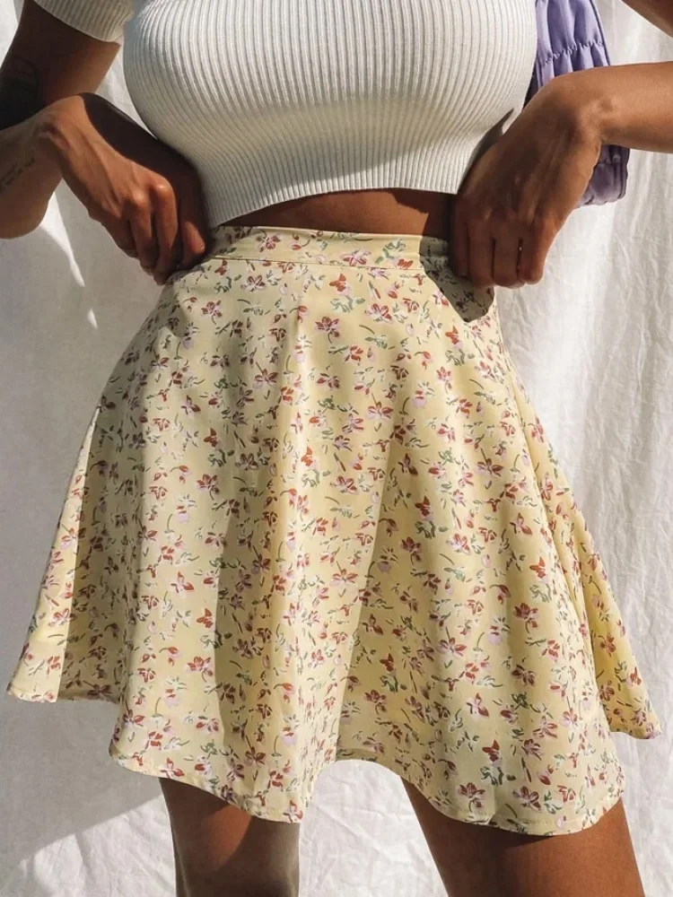

Boho Floral Print Party Skirt Summer New High Waist Pleated Skirt Short Beach Sexy Frills Mini Skirts For Women 2022