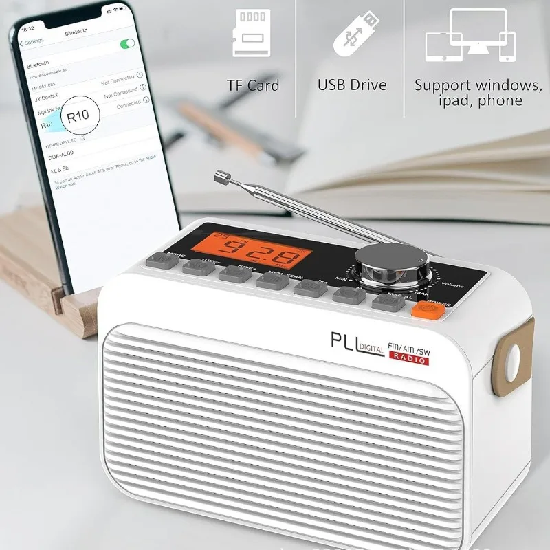 시계 디스플레이가 있는 휴대용 풀 밴드 FM AM SW 라디오, 홈 야외 무선 카드, 블루투스 스피커 라디오, USB TF 카드 지원