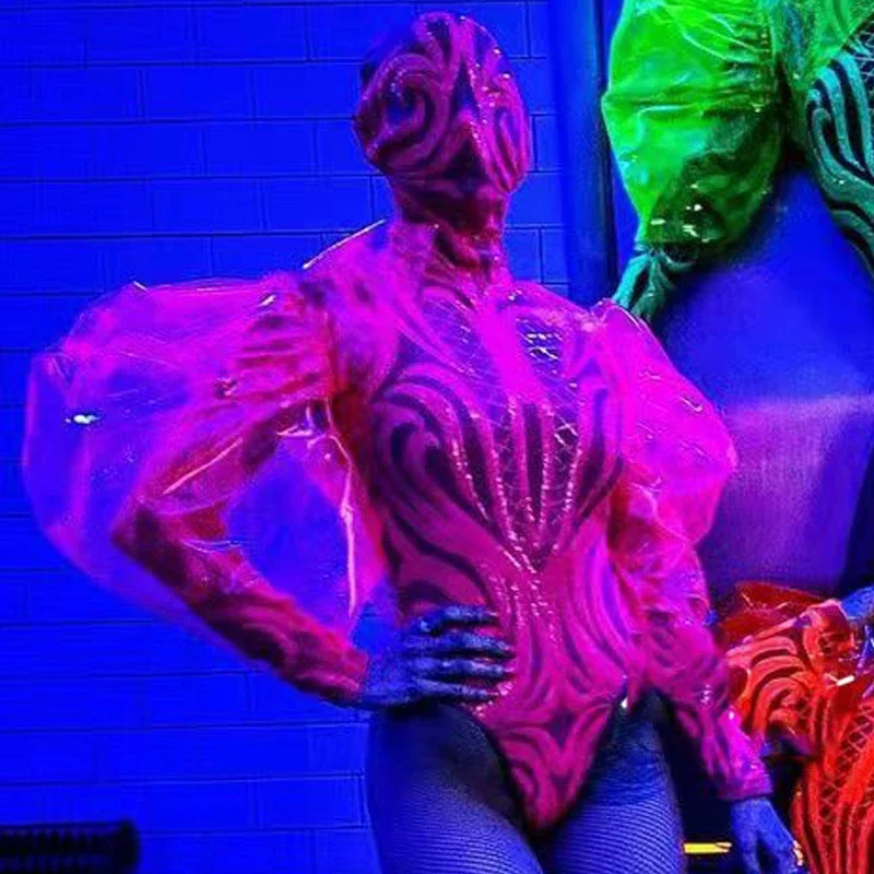 Nightclub Bar Fluorescent Bodysuit Headwear Suit Exaggerated Shape Set Men Pole Dance Clothing Female Gogo Dancer Costume XS2911