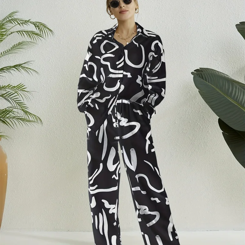 

Women's 2025 Summer Fashion Print Suit Casual Button-collar Shirt Long Sleeve Wide-leg Pants Long Trousers Office Two-piece Set