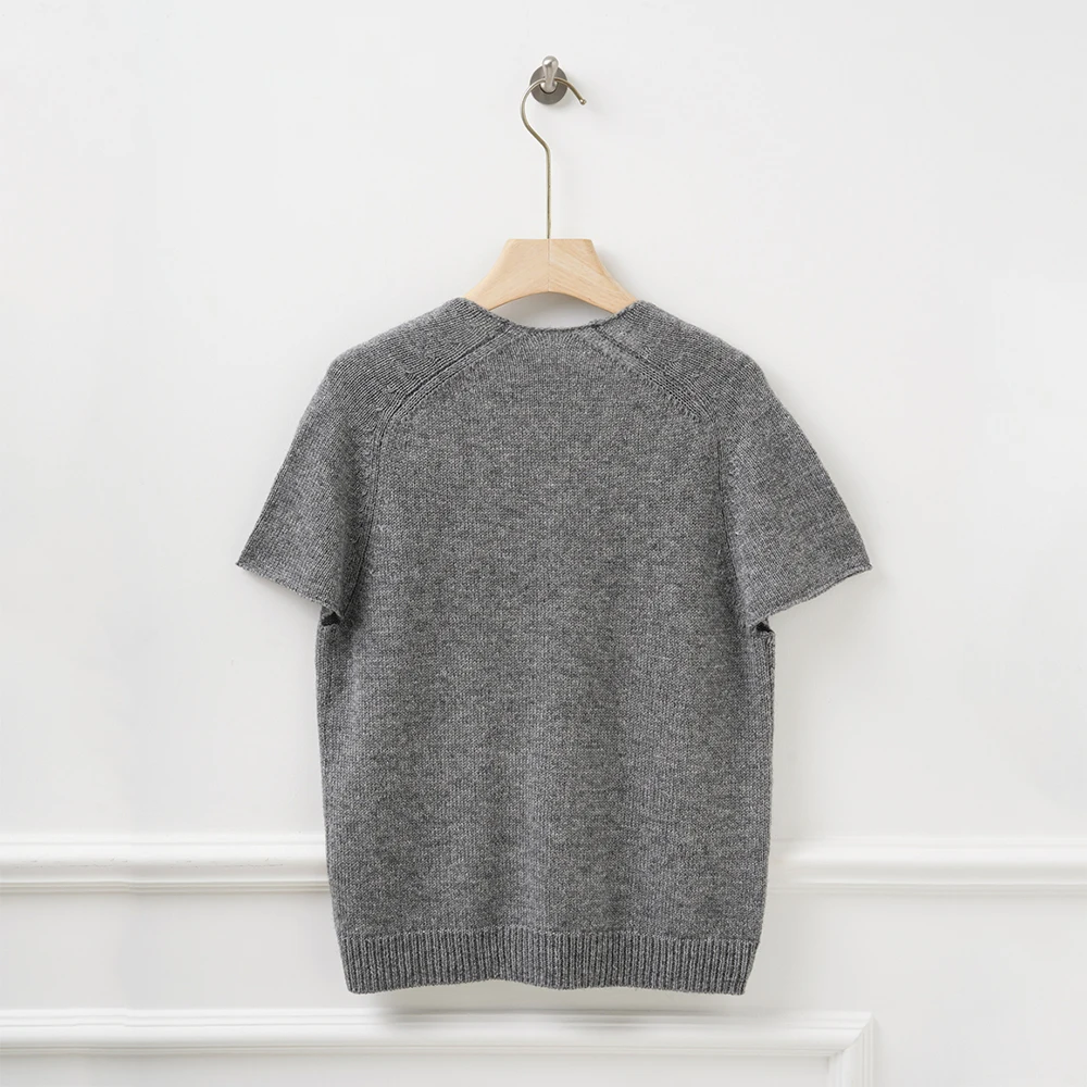 100% Wool Lace-Panel Women's T-Shirt Minimalist Elegant Commuter V-Neck Short-Sleeve Knit Top Tees 2026 Spring New Arrival Y2K