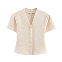 Summer minimalist style V-neck slim fit structured knit short sleeved knitted jacket with suspender short top and half skirt - Image 3