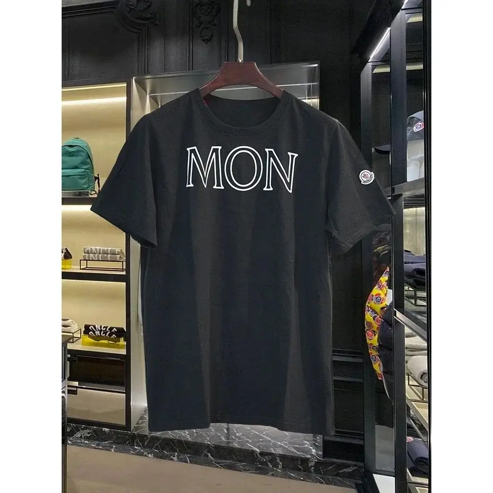 Mon-Camiseta de algodón puro con estampado de letras huecas para hombre y niño, camiseta de manga corta de gama alta, holgada, con cuello redondo, para verano