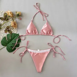 sexy satin pink glitter halter tie string bikinis sets two pieces thong bandage swimsuit bathing suit swimwear biquini tankini