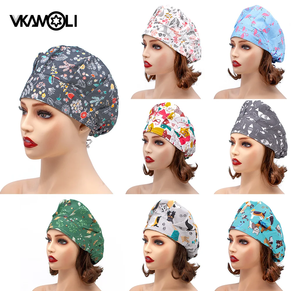 Gorros de trabajo reutilizables para mujer, gorros de algodón con estampado ajustable, banda para el sudor, sombreros Bouffant de pelo largo, lavables, accesorios