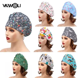 Reuseable Work Caps Lab Scrub Caps Cotton Print Adjustable Sweatband Bouffant Hats Women Long Hair Washable Hats Accessories