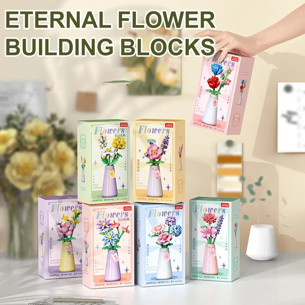 Bouquet di fiori con vaso Micro Building Block Girasole Rosa Mini modello di mattoni Giocattolo Bouquet 3D Piante Decorazioni per la casa Regalo per adulti