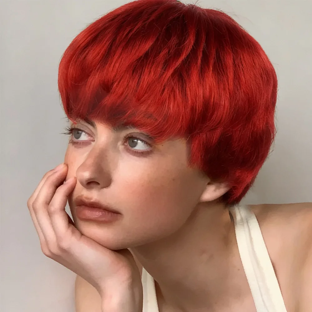 

Короткие красные парики из натуральных волос для чернокожих женщин Парик с стрижкой пикси с челкой Парики из человеческих волос Remy машинного производства для ежедневного использования