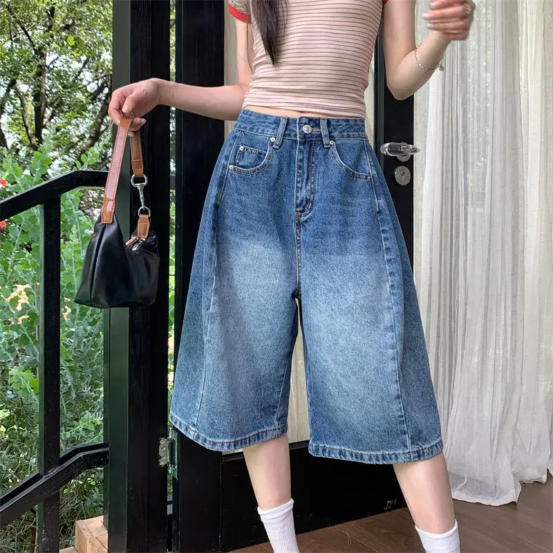 2025 Vintage Y2K Wash Whiskers Denim Shorts Damen 2000er Distressed Frayed Blue Wide Leg Baggy Jeans Jorts Lässige Sommerkleidung