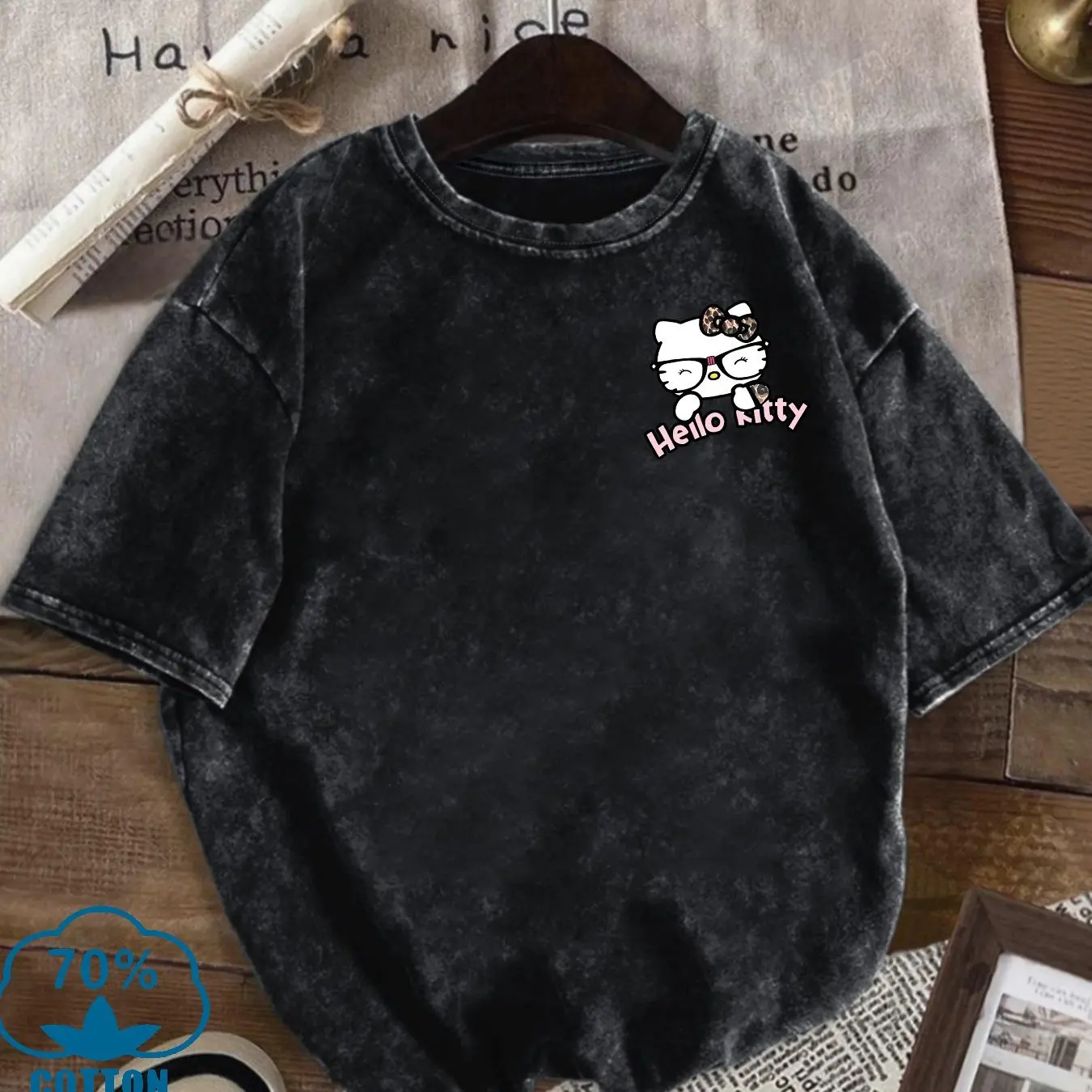 

Ladies Vintage Wash Hello Kitty Graphic T-Shirt - Soft Vintage T-Shirt Cute Hello Kitty Face Casual Daily and Party Outfits
