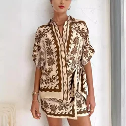 Vintage Prints Casual Shirts Loose Women Tops And Mini Skirts 2024 Summer Elegant Fashion 2 Piece Sets Female Chic Outfits Trend