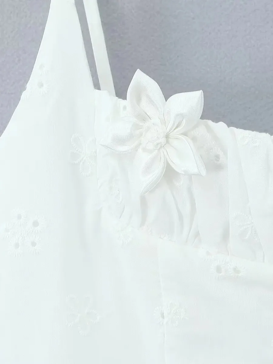 TWOTWINSTYLE Sweet Style Spaghetti Strap Mini Dress for Women Square Collar Spliced 3d Flower Hollow Slim White Dresses Female