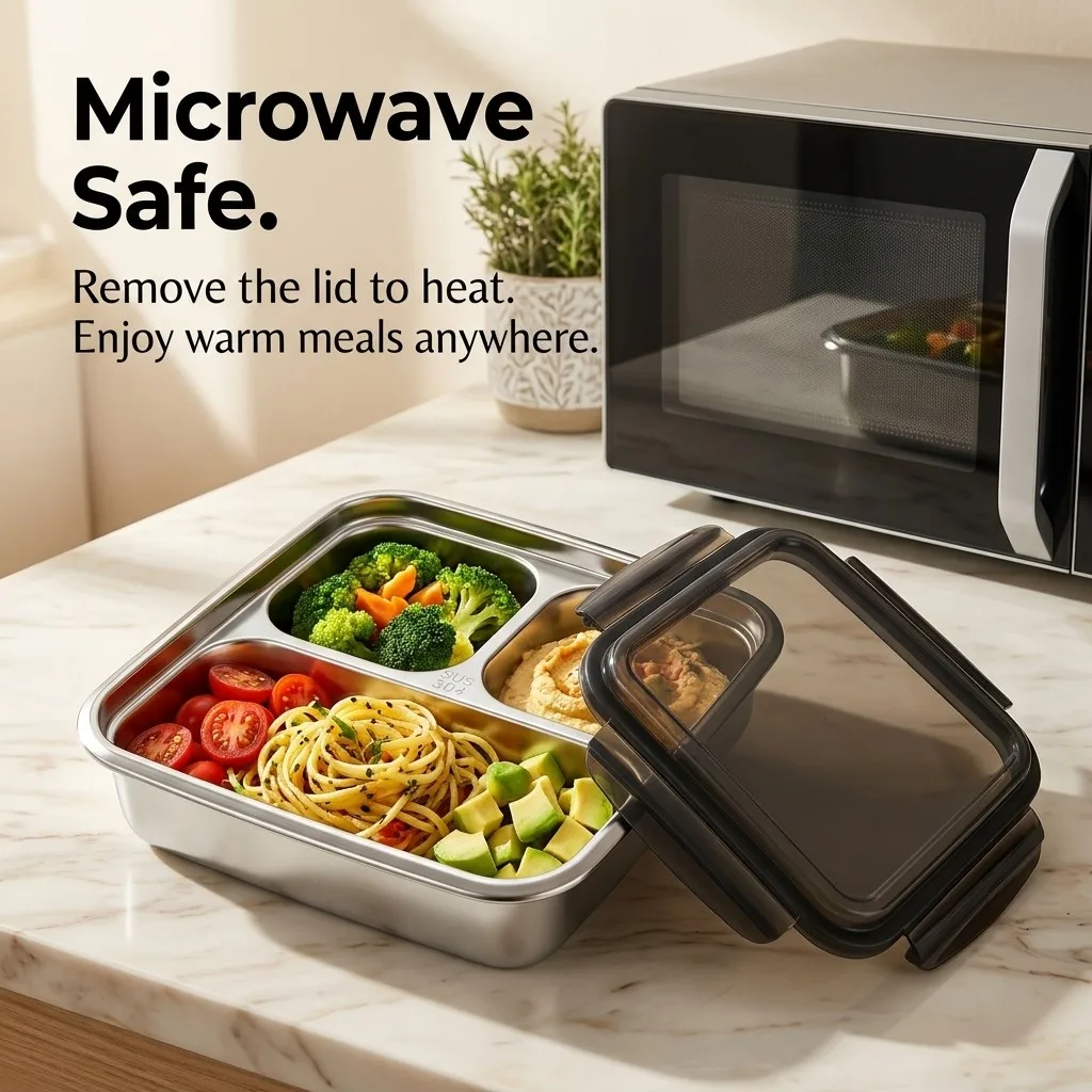 Large Capacity Lunch Container With Lid Microwave Safe Leak-proof 304 Stainless Steel Divided Bento Lunch Box For Kids Students view 3