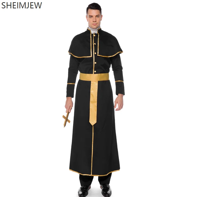

Halloween Carnival Party Costume Adult Professional Male Godfather Missionary Pastor Role Play Roman Priest Black Robe Costume