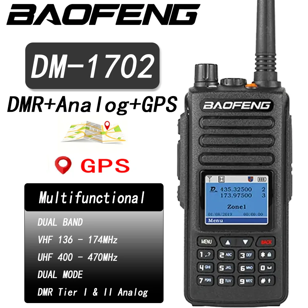 راديو رقمي Baofeng DM-1702 GPS DMR - جهاز اتصال لاسلكي بفتحة زمنية مزدوجة، 5 وات ثنائي النطاق (136-174/400-470 ميجا هرتز) راديو لحم الخنزير