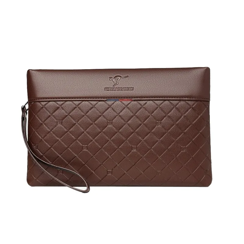 Men's Plaid Soft Leather Clutch Handbag Casual Envelope Bag High Capacity Fashion Trend Business Gift Moneybag