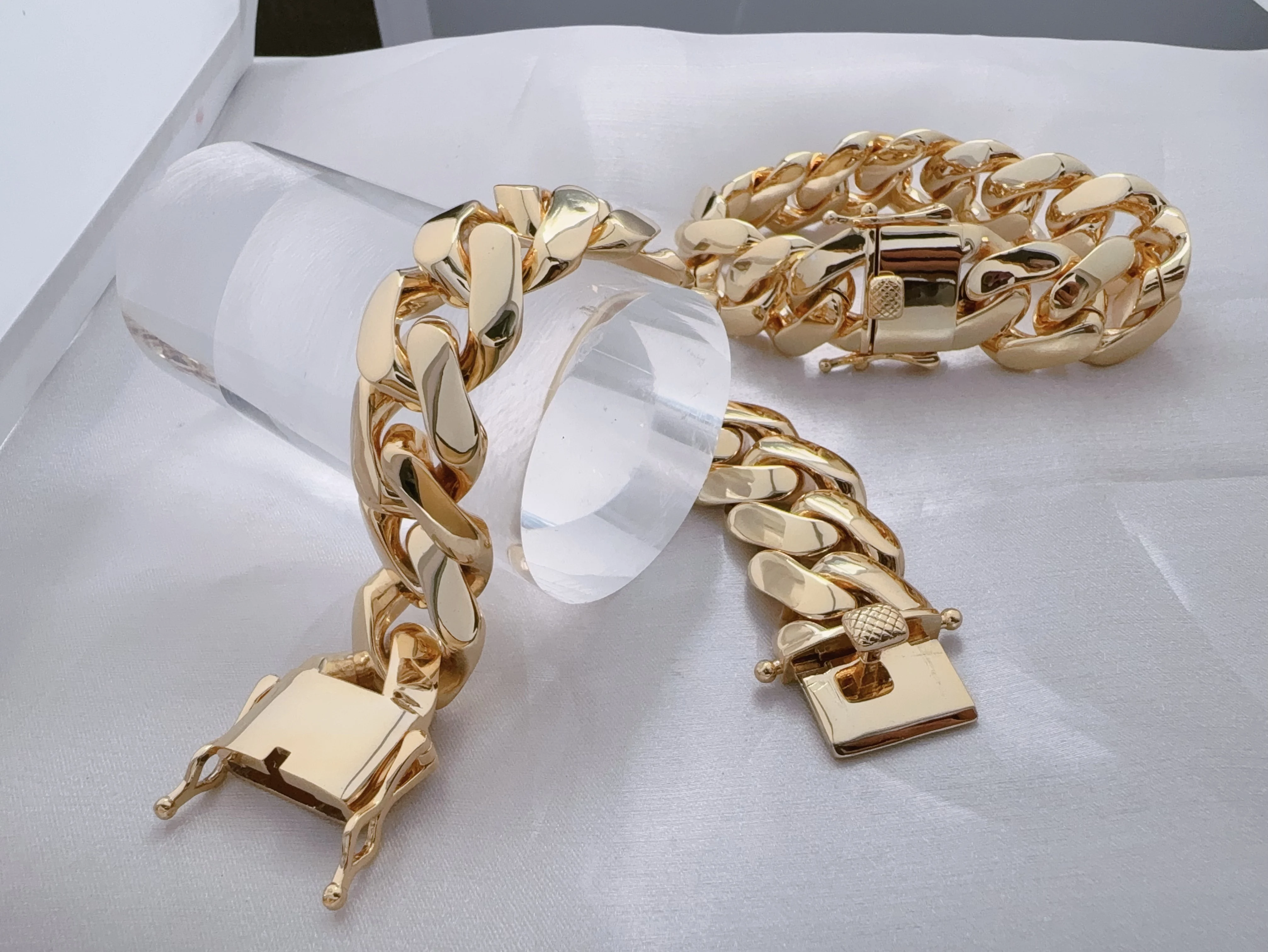 

14K Gold Plated Thick Solid Monaco Bracelet Hip Hop Jewelry Iced Diamond Clasp Flat Miami Cuban necklace