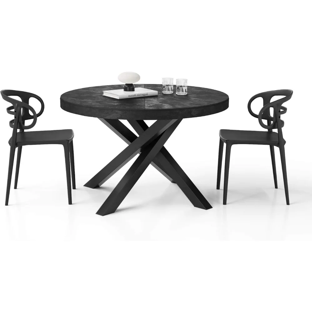 طاولة طعام مستديرة قابلة للتمديد من إيما، 47.2-63 بوصة، مظهر خرساني، أسود مع أرجل متقاطعة سوداء، مقاعد 4-6