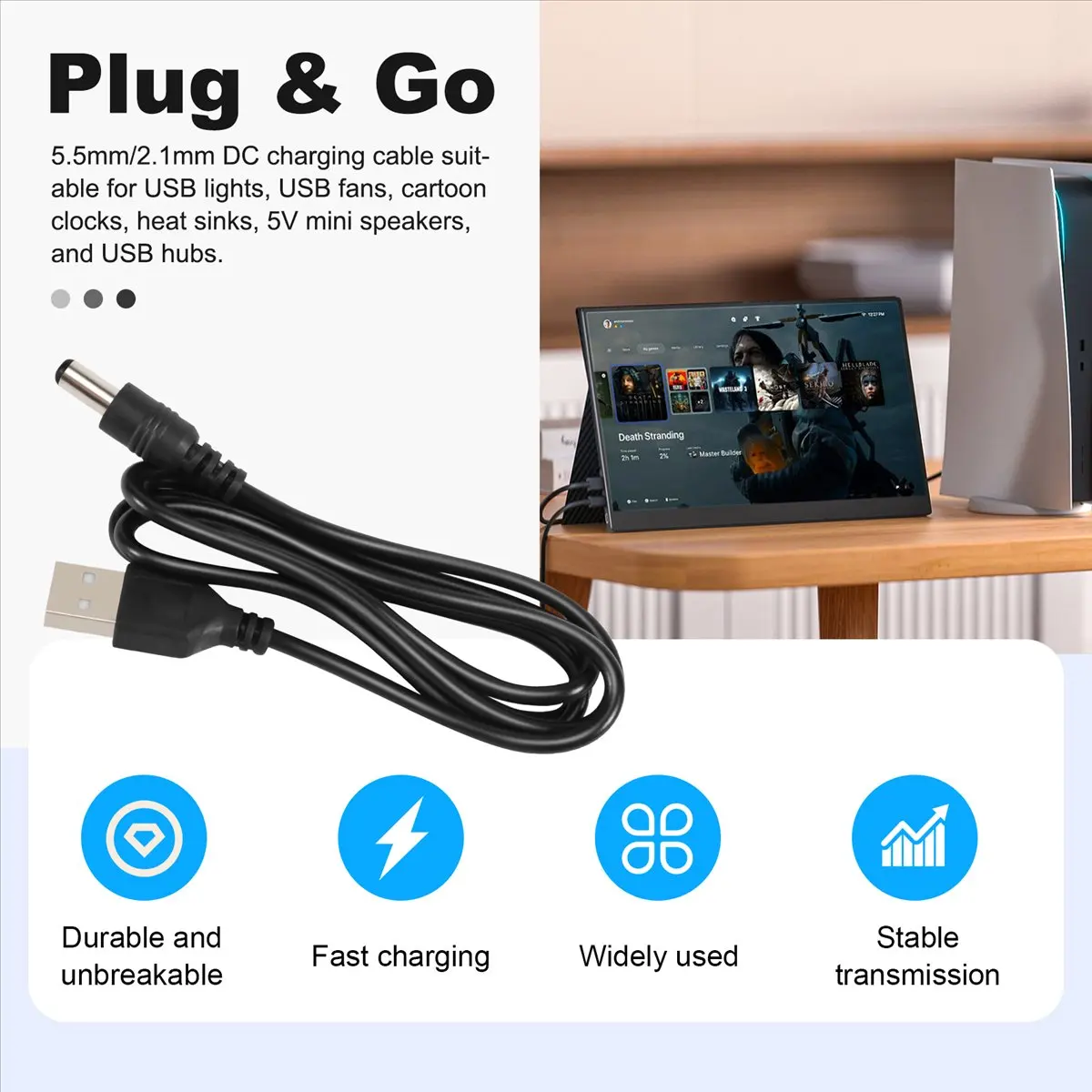 [A90P] USB Cable 5.5mm / 2.1mm 5V DC Barrel Jack Power Cable (Black, 102CM)