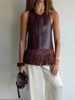 Fashion Burgundy Faux Leather Top For Women Sexy Halter Sleeveless Backless Fringe Hem Blouse Lady 2026 Summer Chic Streetwear