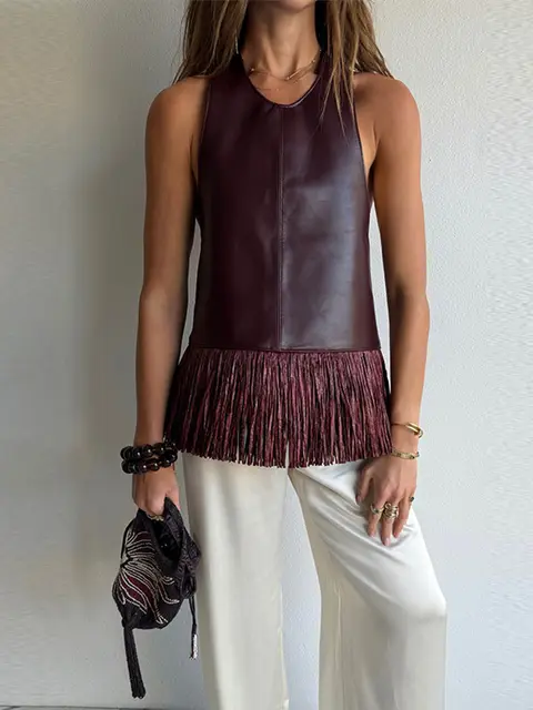 Fashion Burgundy Faux Leather Top For Women Sexy Halter Sleeveless Backless Fringe Hem Blouse Lady 2026 Summer Chic Streetwear