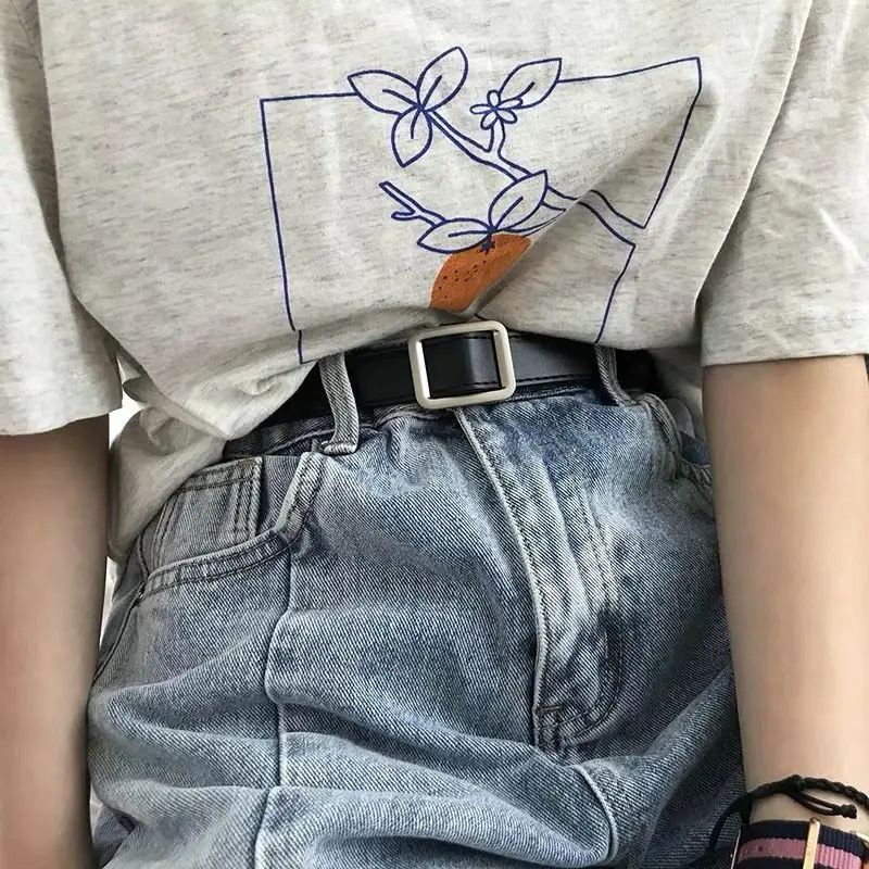 Square Metal Buckle Belt For Men Women Non-hole Korean Wild PU Leather Long Waistband Solid Color Decoration Jeans Pants Strap
