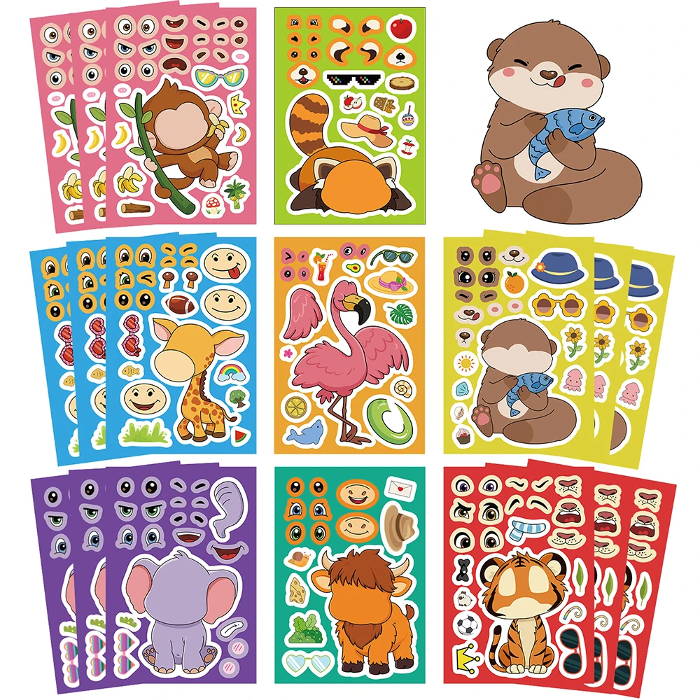 

8/16sheets Cute Animal Puzzle Stickers Kawaii Monkey Raccoon Cartoon Make a Face Children DIY Assemble Jigsaw Educational Decals