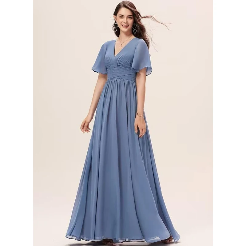 V-Neck Flutter Sleeve Bridesmaid Dresses with Pockets A-Line Long Chiffon Formal Party Dress with Slit terracotta for wedding