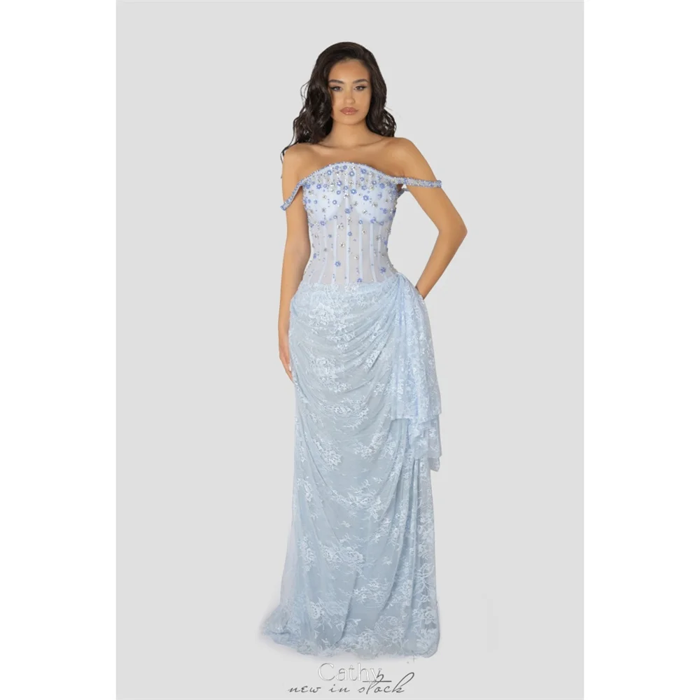 

Cathy Customized Sky Blue Floral Lace Prom Dress Off The Shoulder Lace-up Back vestidos de noiva Floor-length Evening Dresses