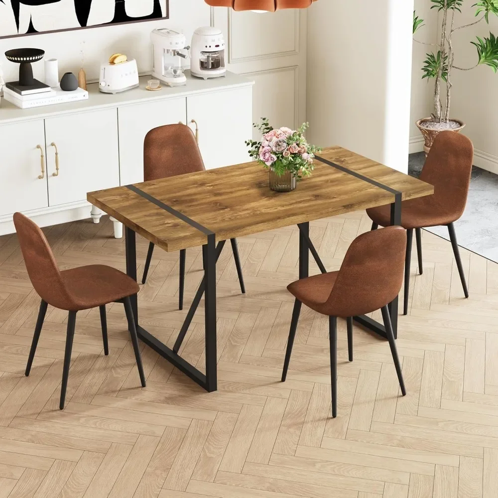 5 Piece Dining Room Table Set for 4 People, Mid-Century Modern 55 Inch Rectangular Wooden Kitchen Table with 4 Fabric Chair Sets