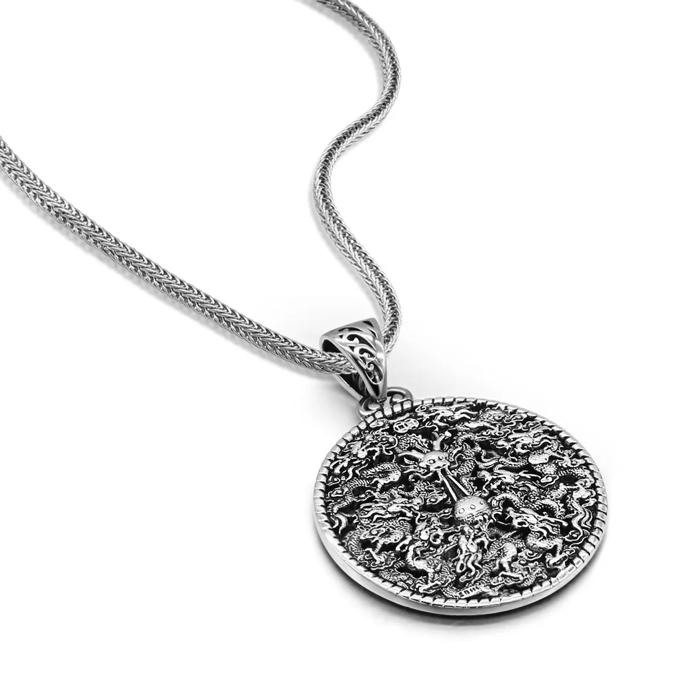 New Classical Fine Vintage Dragon Card Pendant Necklace for Men Women 925 Sterling Silver Jewelry Female Necklaces Chokers Chain