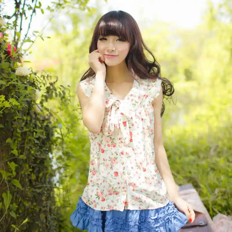 SALES Japan Liz Lisa Floral Printed Fly Sleeve Chiffon Bow Tie Shirt