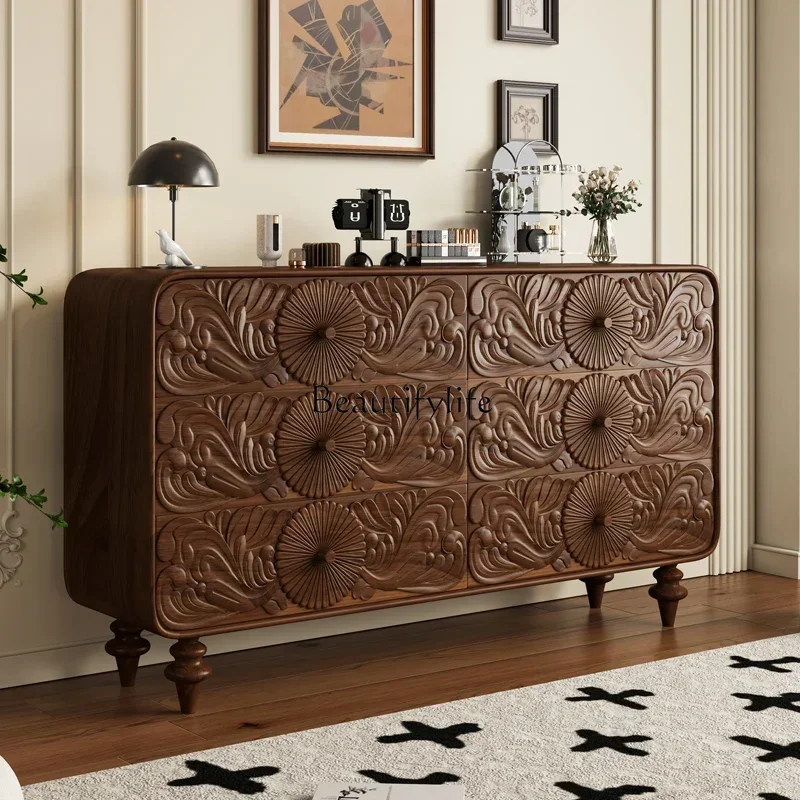 D06solid wood multi-functional locker, living room decoration partition integrated retro old carving cabinet