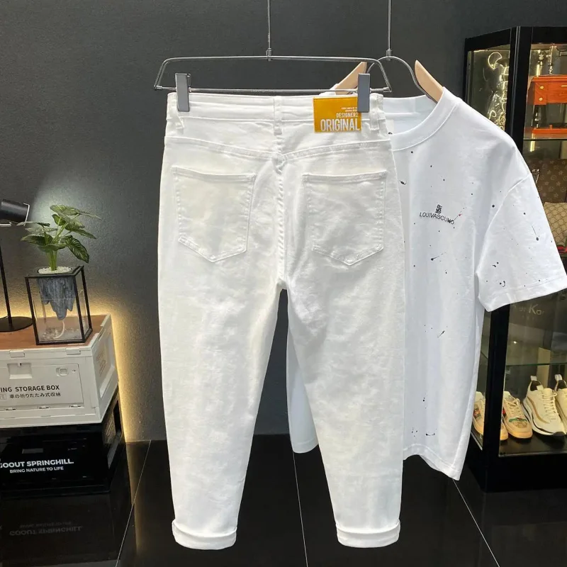 

2026 New White Slim Skinny Jeans with Ripped Edges for Men, Luxury Streetwear, Casual Long Denim Pants