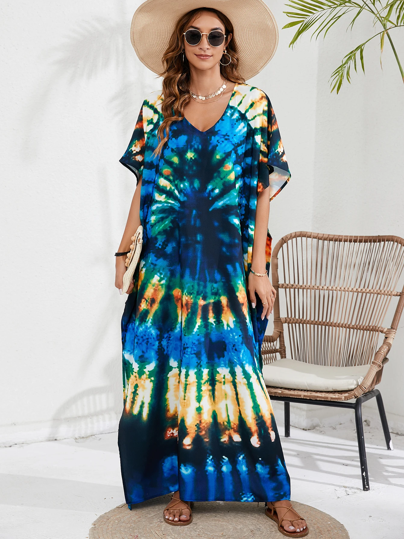 

Summer Beach Boho Ethnic Full Print V-Neck Side Slit Vacation Dress Beach Cover Up