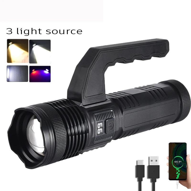 

D2 Portable Handheld LED Flashlights Rechargeable Torch Dual Light Source Flashlight Emergency Spotlights Camping Zoom Lantern