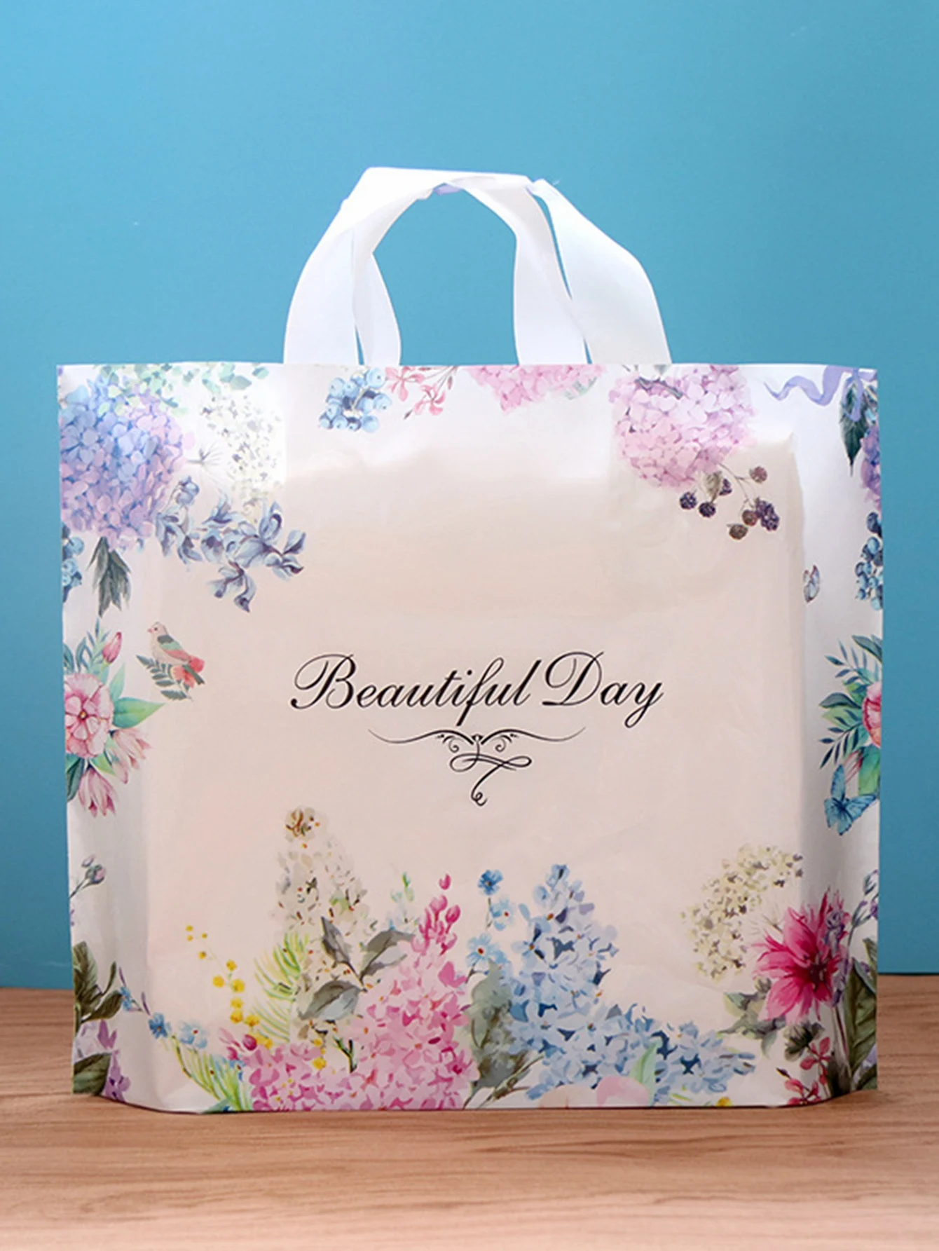 10pcs Blue Flower And Bird Style Tote Bag, Beautiful Day Printed Shopping Plastic Bags, Dress Gift Item Package For Party Event