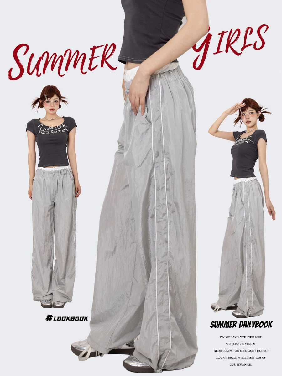 

AKSTUDIO Thin Sport Casual Pants Women Summer Wide Leg Straight Workwear Trousers Paratrooper Pants Long Trousers