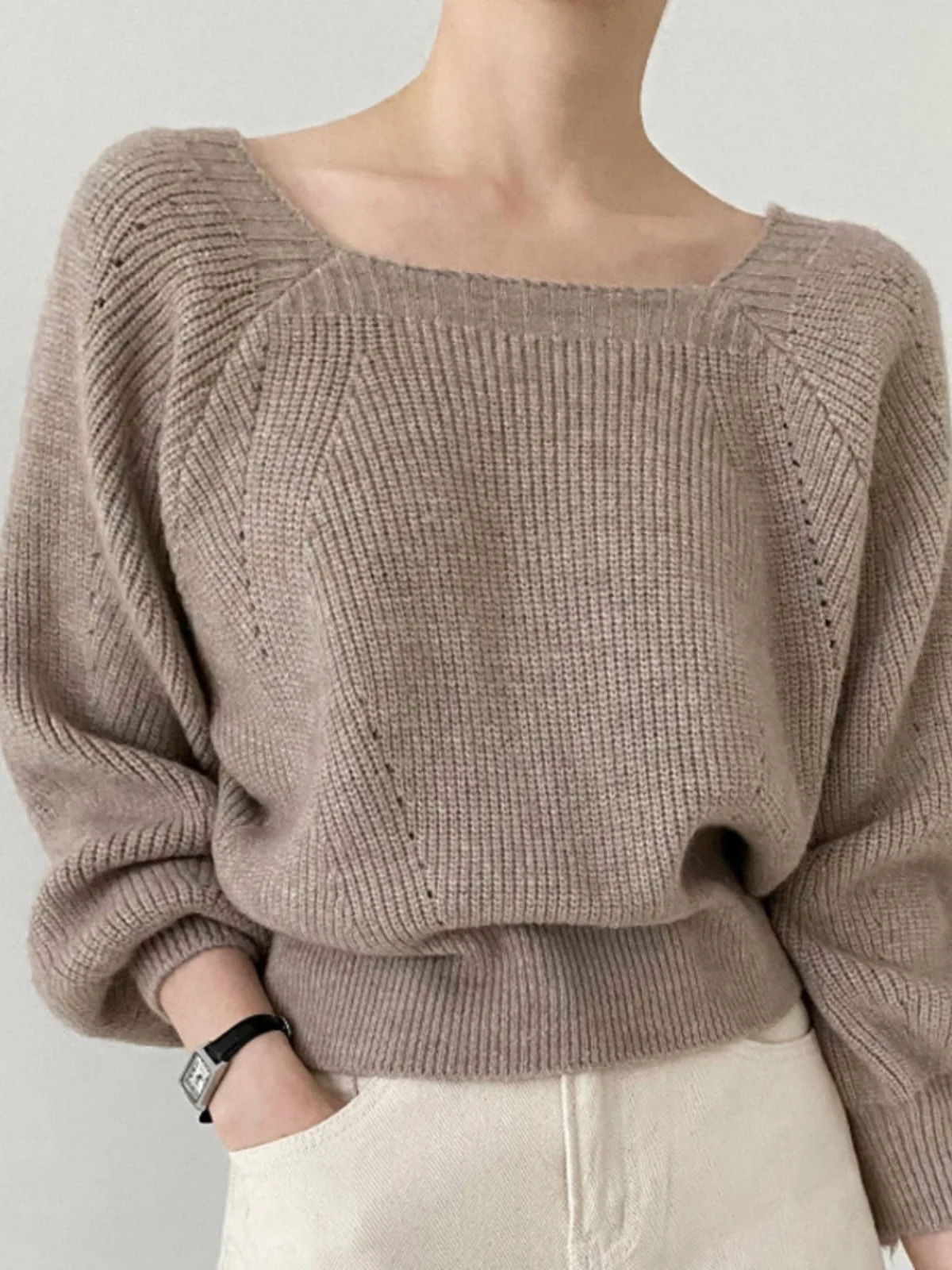 

Women's Vintage Long Sve Knitted Sweater Square Collar ort Sle Spring Autumn Loose Fit Base Layer Top Warmth Emitting