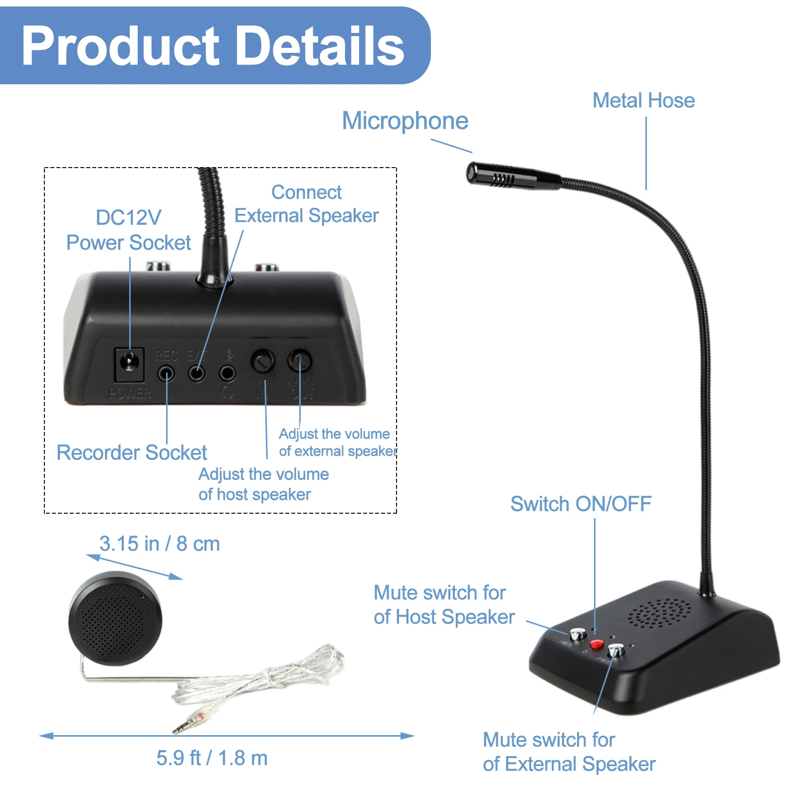 3W Anti-Interference Noise Free Dual-Way Window Counter intercom Microphone for The Bank/Office/Hospital/Ticket Window Station