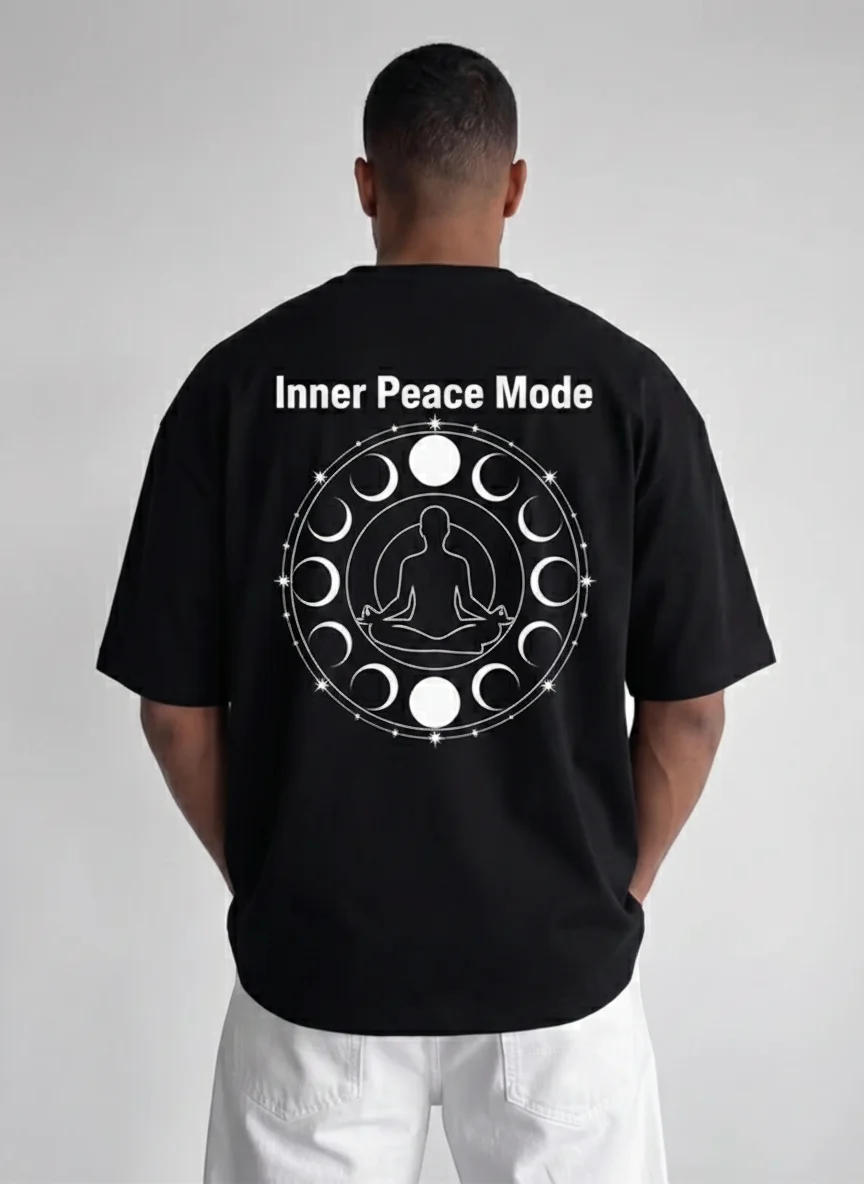 

Inner Peace Mode Moon Phases Graphic Tee with Meditating Silhouette Circle Print on Black Oversized Shirt Spiritual Yoga