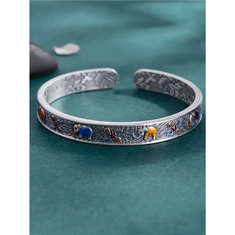 

9999 Little Elephant Enamel Relief Open Bracelet Men And Women, Floral Silver Bangle